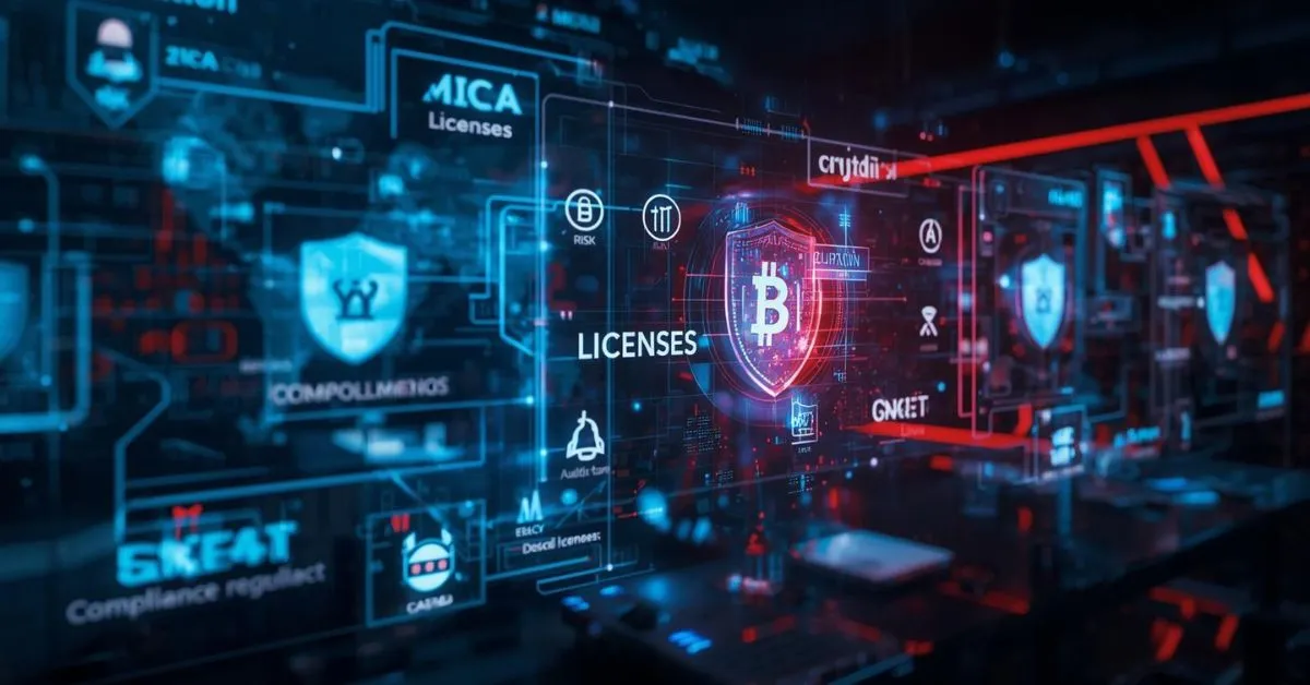 Futuristic digital compliance dashboard showing blockchain networks, security shields, and crypto symbols, with holographic labels like “MiCA” and “licenses,” representing regulation, risk management, and crypto casino oversight.
