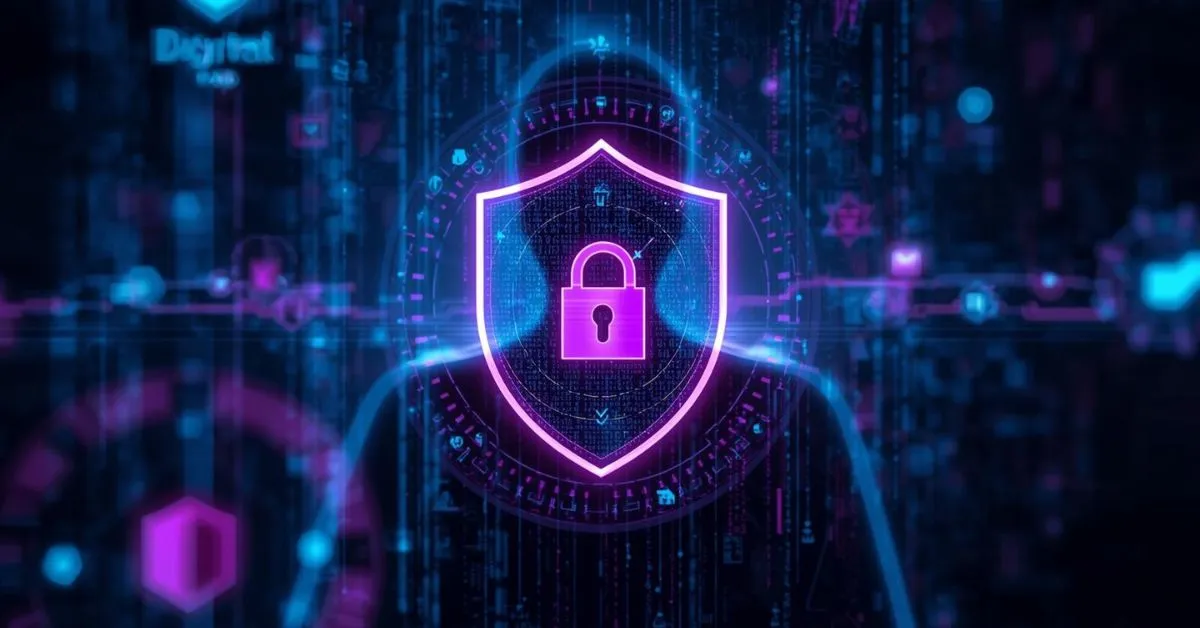 Futuristic digital shield with a glowing lock icon at its center, surrounded by encrypted data streams and a faint user silhouette, representing privacy-focused identity verification and zero-knowledge security.