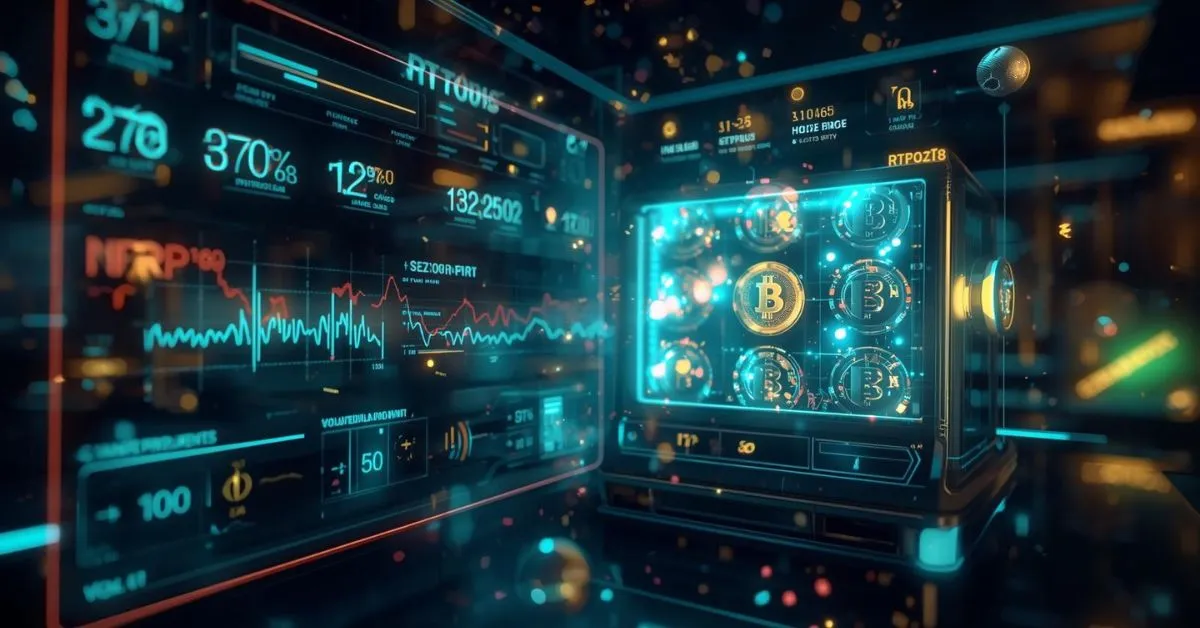 Futuristic crypto slot machine with Bitcoin symbols on the reels, surrounded by holographic dashboards displaying RTP percentages, house edge data, and fluctuating probability charts in a neon-lit digital environment.