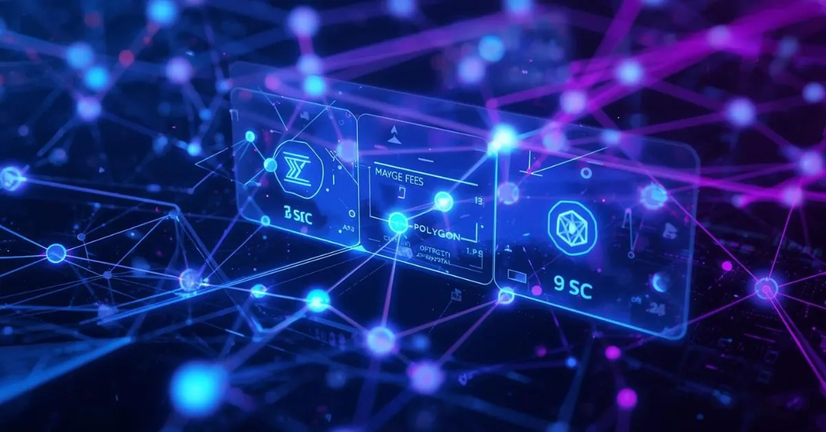 Futuristic blockchain network with glowing nodes and connecting lines, displaying holographic panels with transaction data, fees, and Layer-2 networks like Polygon, illustrating fast and low-cost crypto transfers.